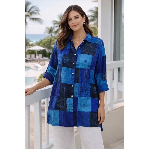Chico's Tops - Chico's Silk Patchwork Tunic Top XL | Beaded Colorblock Button-Up Resort Artwear